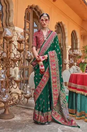 green  premium silk blend blend saree with woven zari & thread work | unstitched rich brocade blous