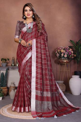 wine color linen cotton fabric woven checks designer trendy ethnic saree