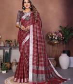 wine color linen cotton fabric woven checks trendy ethnic saree