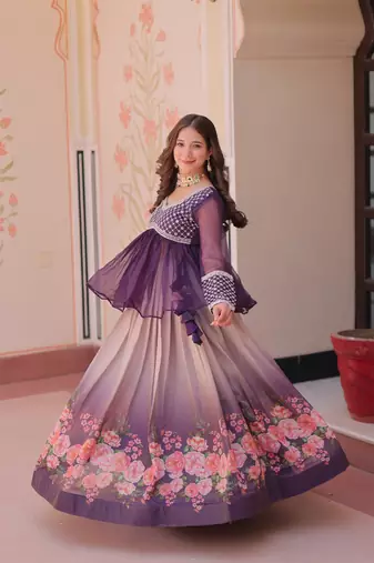 Purple Color Cosmos Flower Printed Lehenga Top