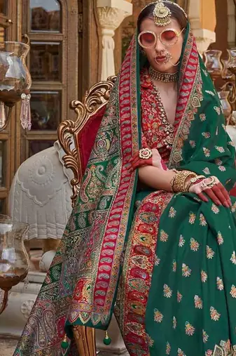 green  premium silk blend blend saree with woven zari & thread work | unstitched rich brocade blous