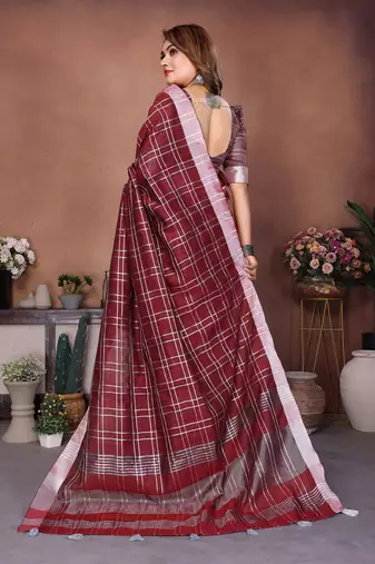 wine linen cotton woven checks trendy ethnic saree