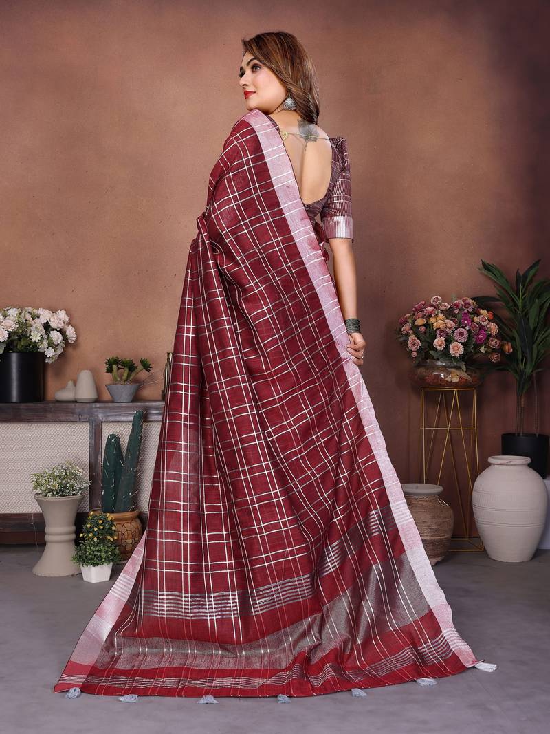 wine color linen cotton fabric woven checks designer trendy ethnic saree