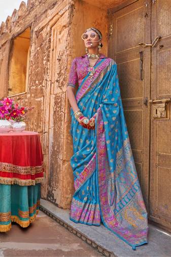blue  premium silk blend blend saree with woven zari & thread work | unstitched rich brocade blous