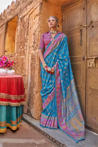 blue  premium silk blend blend saree with woven zari & thread work | unstitched rich brocade blous
