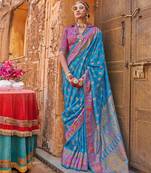 blue  premium silk blend blend saree with woven zari & thread work | unstitched rich brocade blous