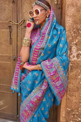 blue  premium silk blend blend saree with woven zari & thread work | unstitched rich brocade blous