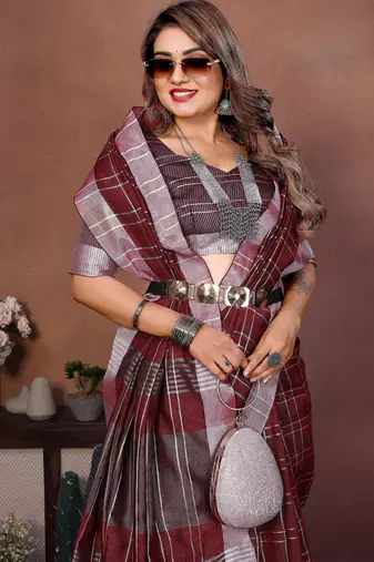 wine linen cotton woven checks trendy ethnic saree