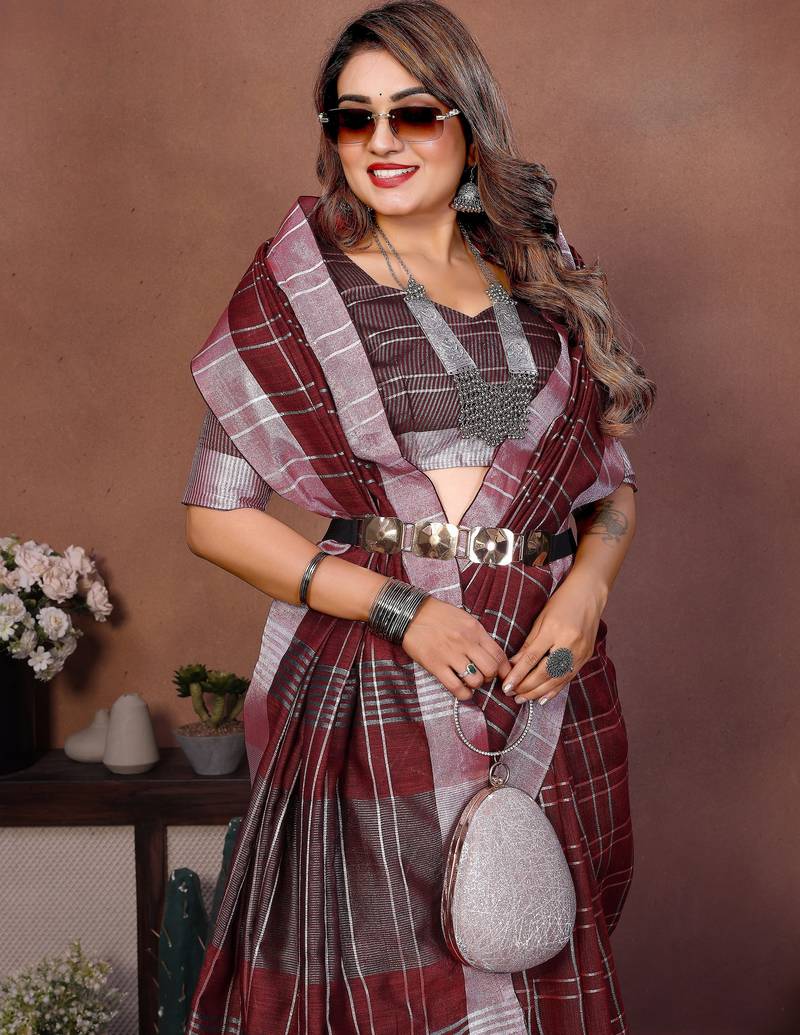 wine color linen cotton fabric woven checks designer trendy ethnic saree