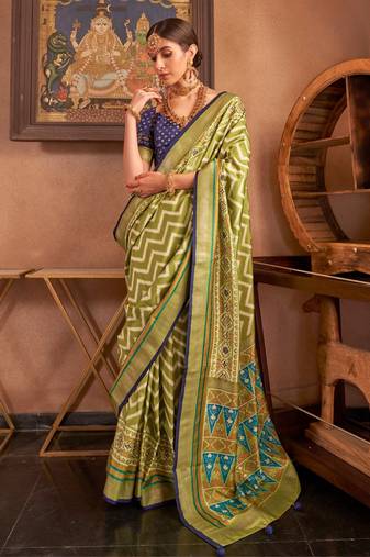 parrot patola silk blend saree with traditional motifs & zari/contrast border | unstitched blouse