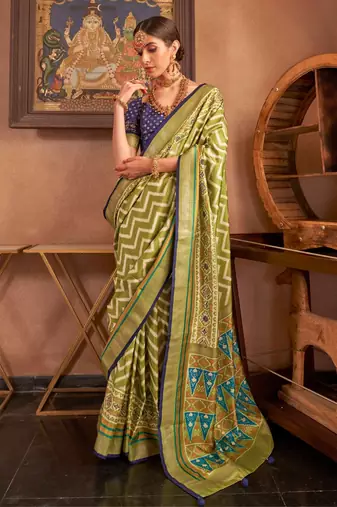 parrot patola silk blend saree with traditional motifs & zari/contrast border | unstitched blouse
