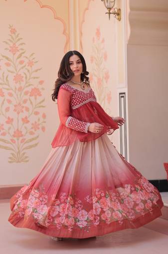 Gajri Color Cosmos Flower Printed Lehenga Top