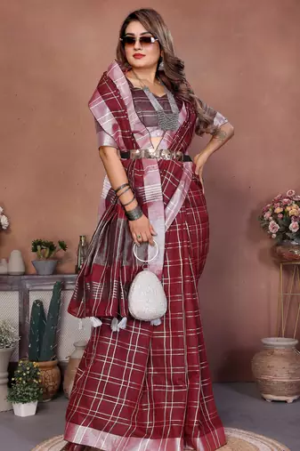 wine linen cotton woven checks trendy ethnic saree
