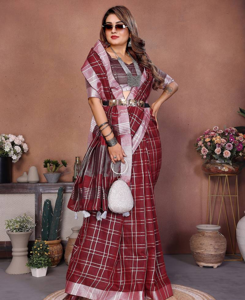 wine color linen cotton fabric woven checks designer trendy ethnic saree