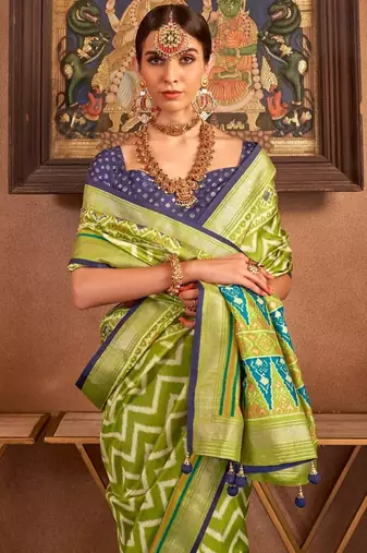 parrot patola silk blend saree with traditional motifs & zari/contrast border | unstitched blouse