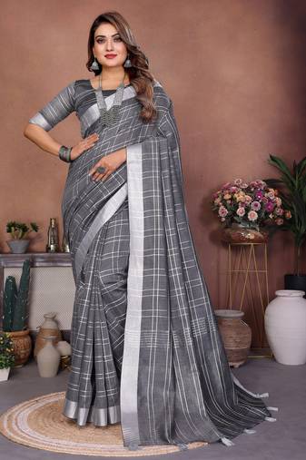 grey color linen cotton fabric woven checks designer trendy ethnic saree
