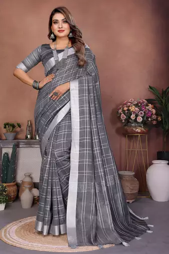 grey color linen cotton fabric woven checks designer trendy ethnic saree