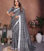 grey color linen cotton fabric woven checks trendy ethnic saree
