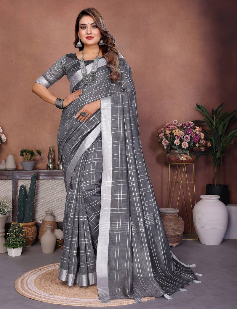 grey color linen cotton fabric woven checks designer trendy ethnic saree