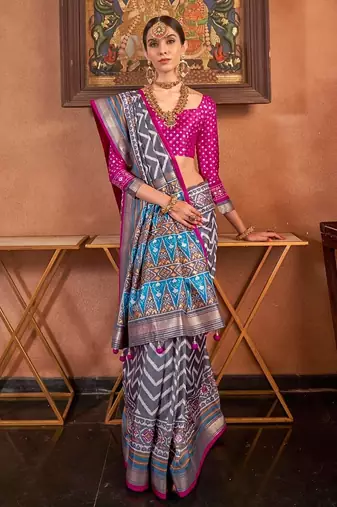 grey patola silk blend saree with traditional motifs & zari/contrast border | unstitched blouse
