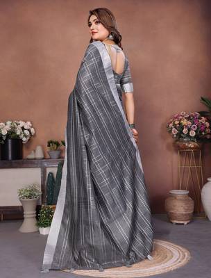 grey linen cotton woven checks trendy ethnic saree 3