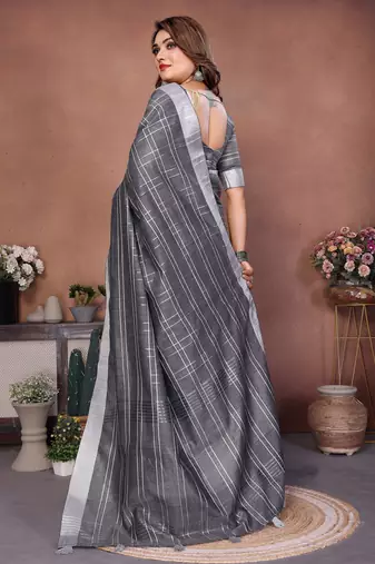 grey linen cotton woven checks trendy ethnic saree