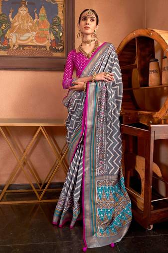 pink patola silk blend saree with traditional motifs & zari/contrast border | unstitched blouse
