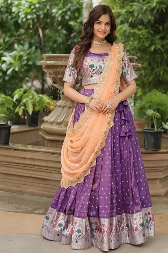 Purple Color Silk Jacquard Meena Weaving Work Lehenga Choli With Dupatta