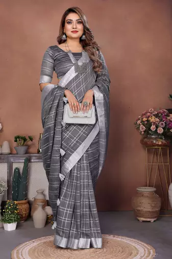grey linen cotton woven checks trendy ethnic saree