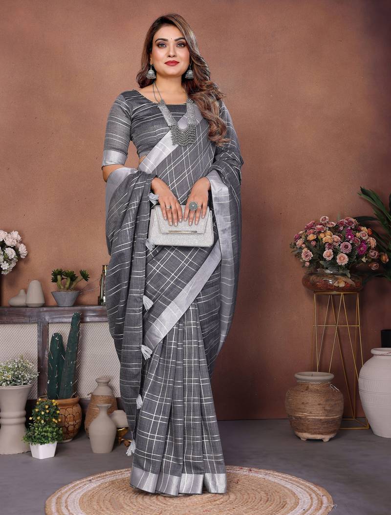 grey color linen cotton fabric woven checks designer trendy ethnic saree