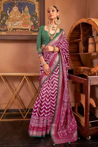 dark pink patola silk blend saree with traditional motifs & zari/contrast border | unstitched blouse