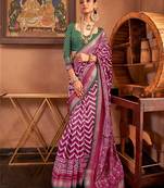 dark pink patola silk blend saree with traditional motifs & zari/contrast border | unstitched blouse