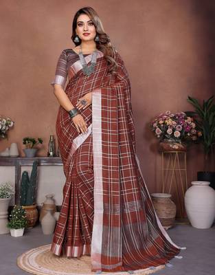 coffee linen cotton woven checks trendy ethnic saree 1