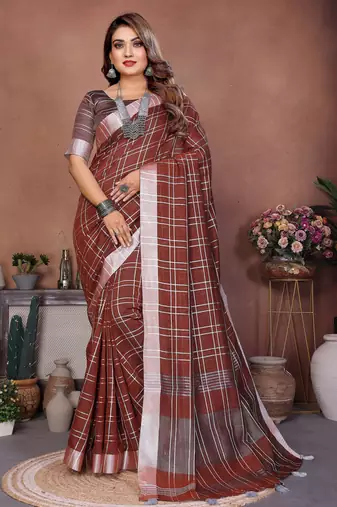 coffee color linen cotton fabric woven checks designer trendy ethnic saree