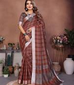 coffee color linen cotton fabric woven checks trendy ethnic saree