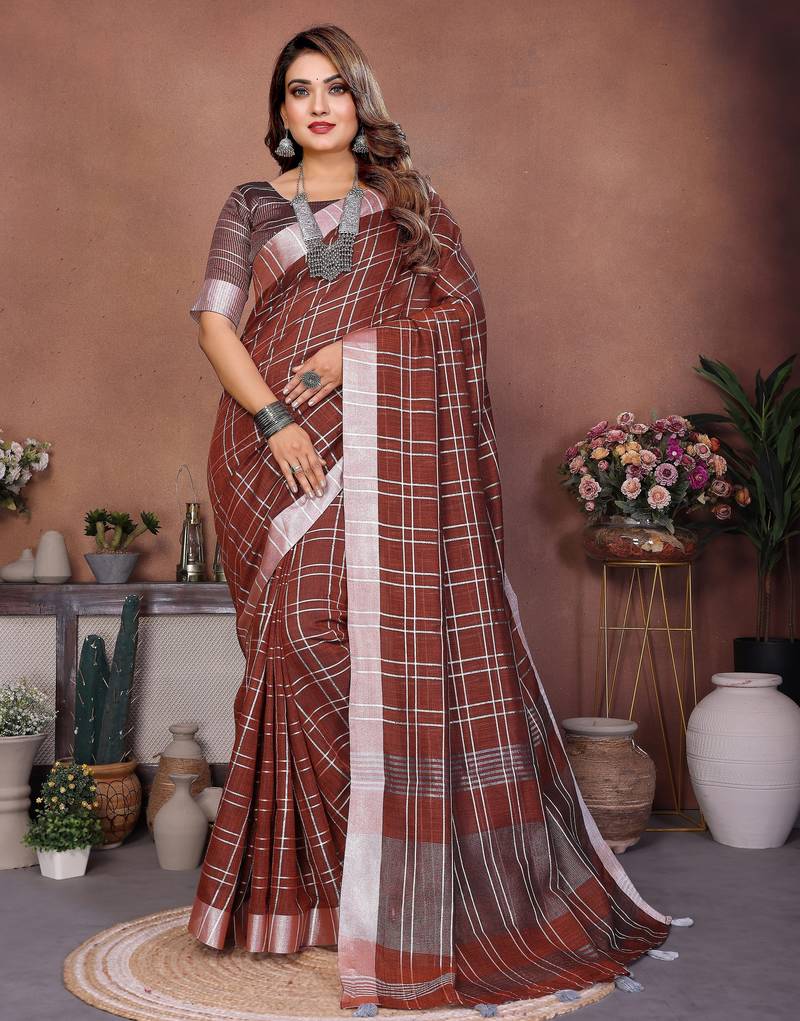 coffee color linen cotton fabric woven checks designer trendy ethnic saree