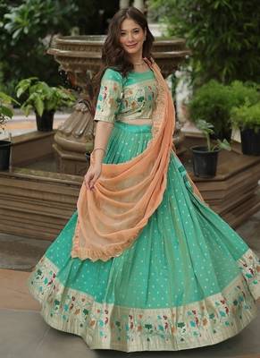 Pista Green silk blend Jacquard Meena Weaving Work Lehenga Choli With Dupatta 1