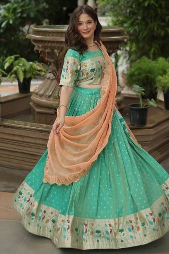 Pista Green Color Silk Jacquard Meena Weaving Work Lehenga Choli With Dupatta