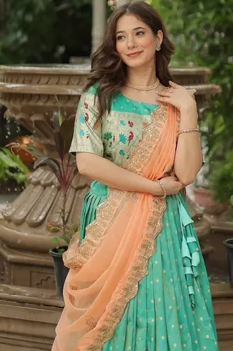 Pista Green Color silk blend Jacquard Meena Weaving Work Lehenga Choli With Dupatta