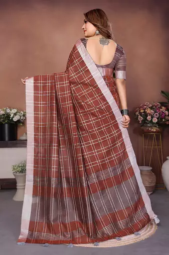 coffee linen cotton woven checks trendy ethnic saree