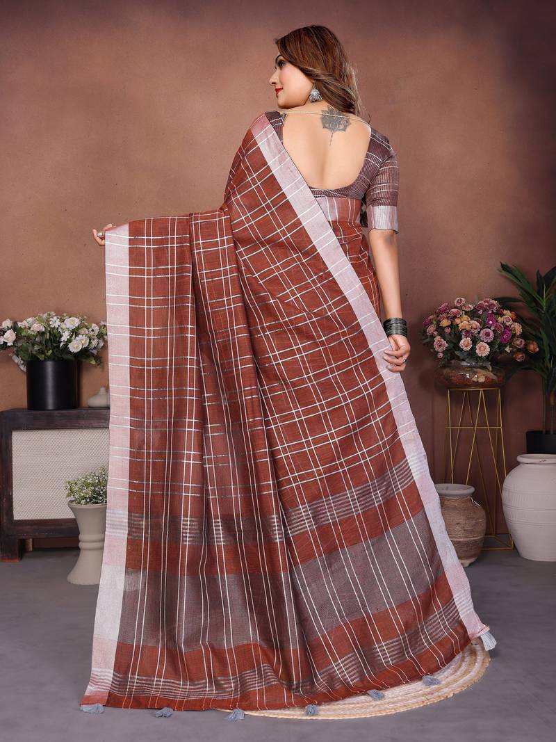 coffee color linen cotton fabric woven checks designer trendy ethnic saree
