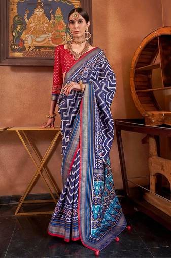 nevy blue patola silk blend saree with traditional motifs & zari/contrast border | unstitched blouse