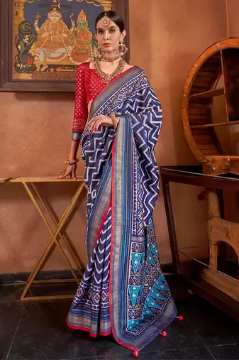 nevy blue patola silk blend saree with traditional motifs & zari/contrast border | unstitched blouse
