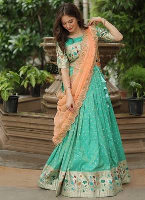 Pista Green silk blend Jacquard Meena Weaving Work Lehenga Choli With Dupatta 4