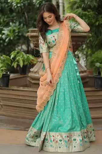 Pista Green Color silk blend Jacquard Meena Weaving Work Lehenga Choli With Dupatta