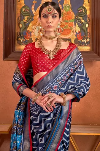 nevy blue patola silk blend saree with traditional motifs & zari/contrast border | unstitched blouse