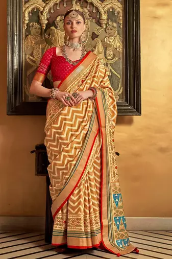 musturd patola silk blend saree with traditional motifs & zari/contrast border | unstitched blouse