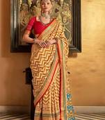 musturd patola silk blend saree with traditional motifs & zari/contrast border | unstitched blouse