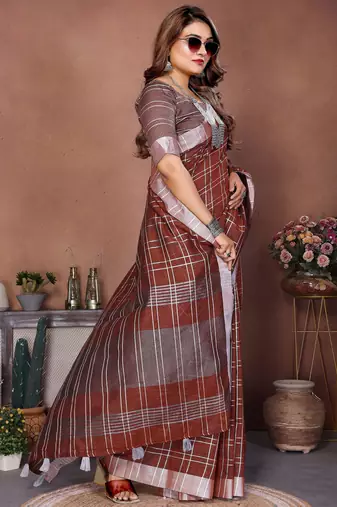 coffee linen cotton woven checks trendy ethnic saree