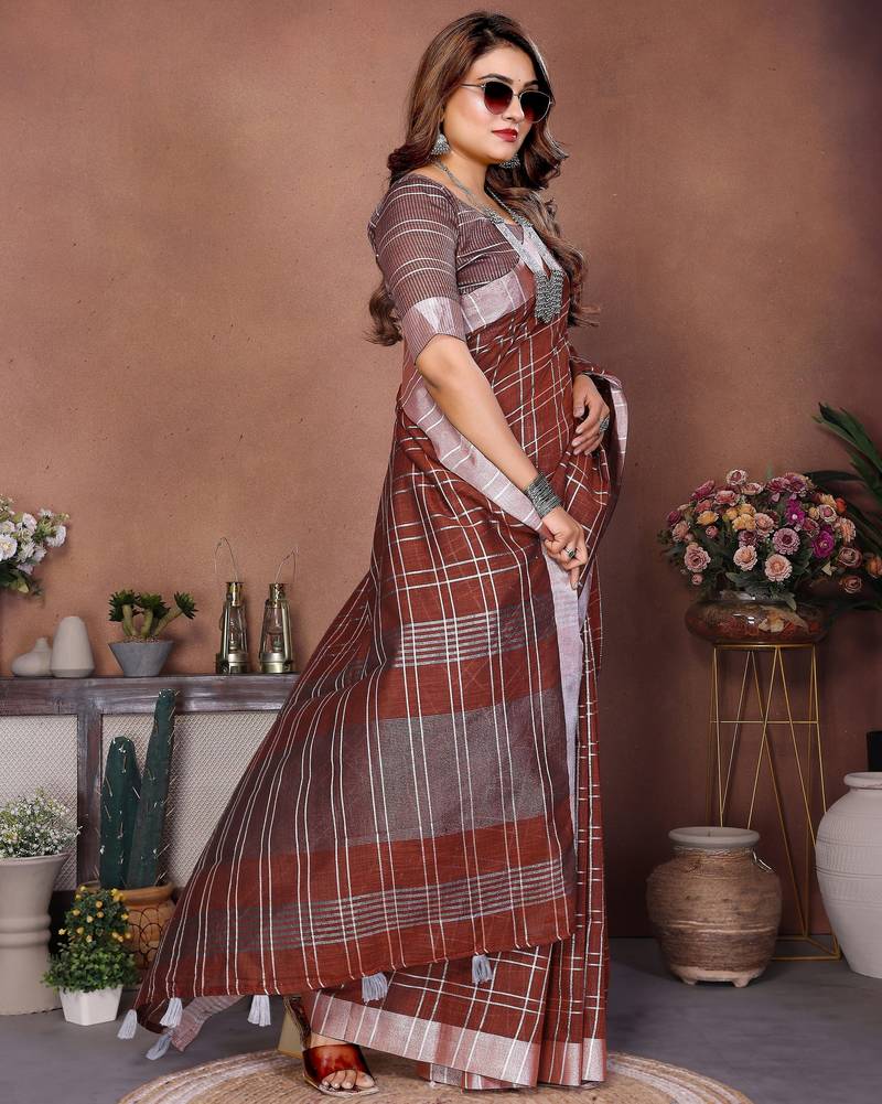 coffee color linen cotton fabric woven checks designer trendy ethnic saree